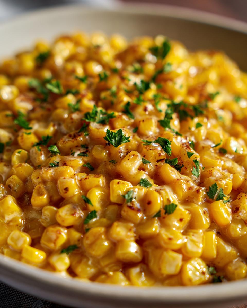 Close-up of creamy, golden honey butter corn kernels topped with fresh parsley.