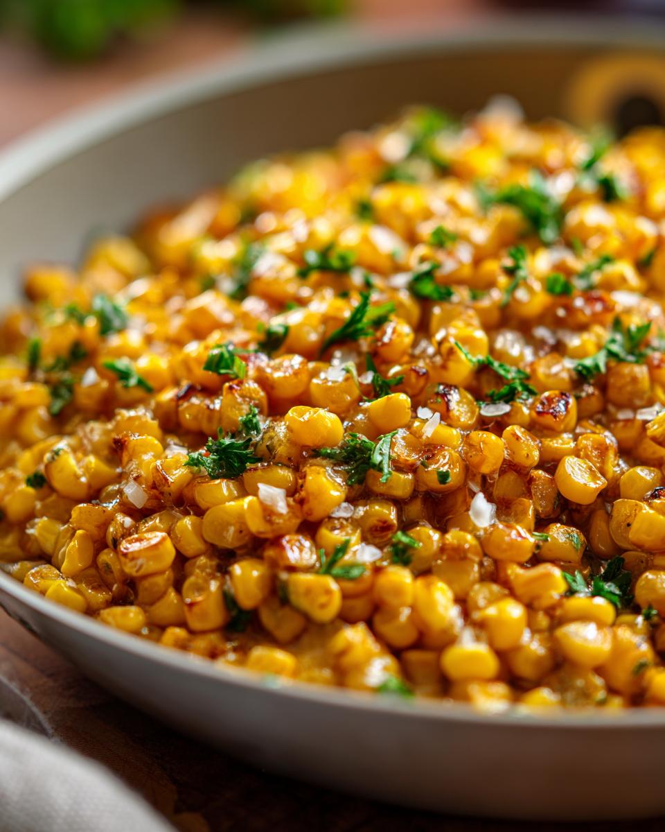 Close-up of delicious, glazed honey butter corn kernels garnished with fresh parsley and sea salt.