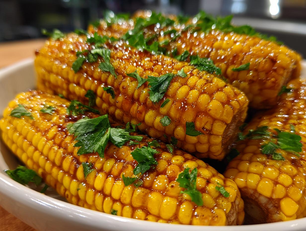 Close-up of sweet, glazed corn on the cob topped with fresh parsley, ready to serve.