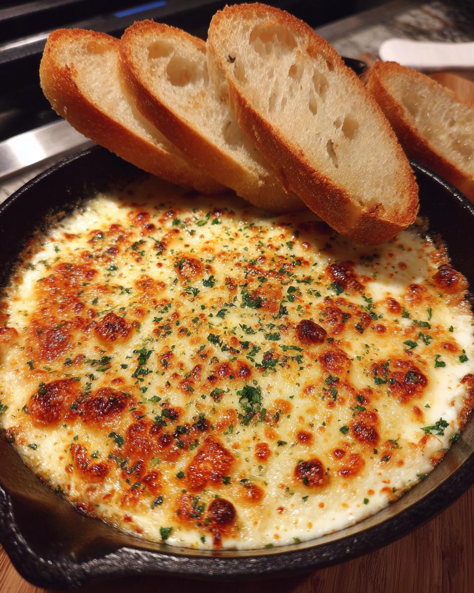A hot, bubbling cheese bread dip topped with herbs, served in a cast iron skillet with slices of toasted baguette for dipping.