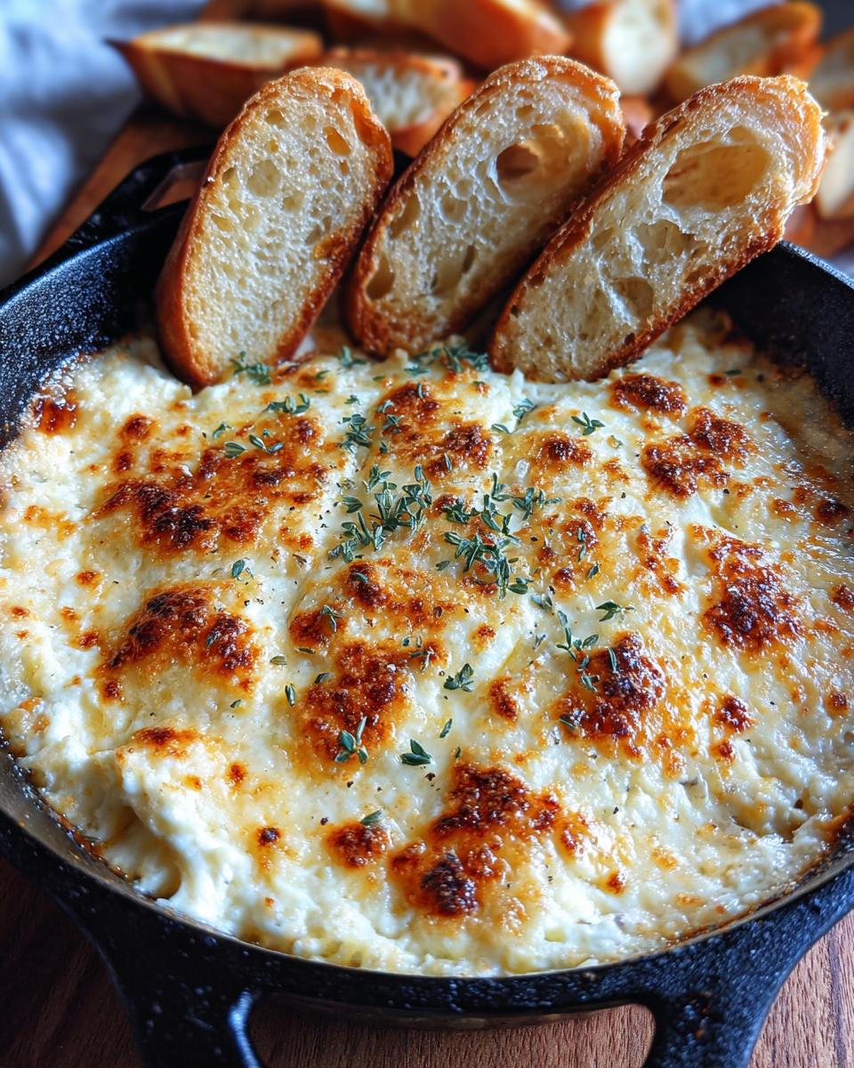 Close-up of a bubbling, cheesy hot bread dip in a cast iron skillet, served with toasted baguette slices for dipping.