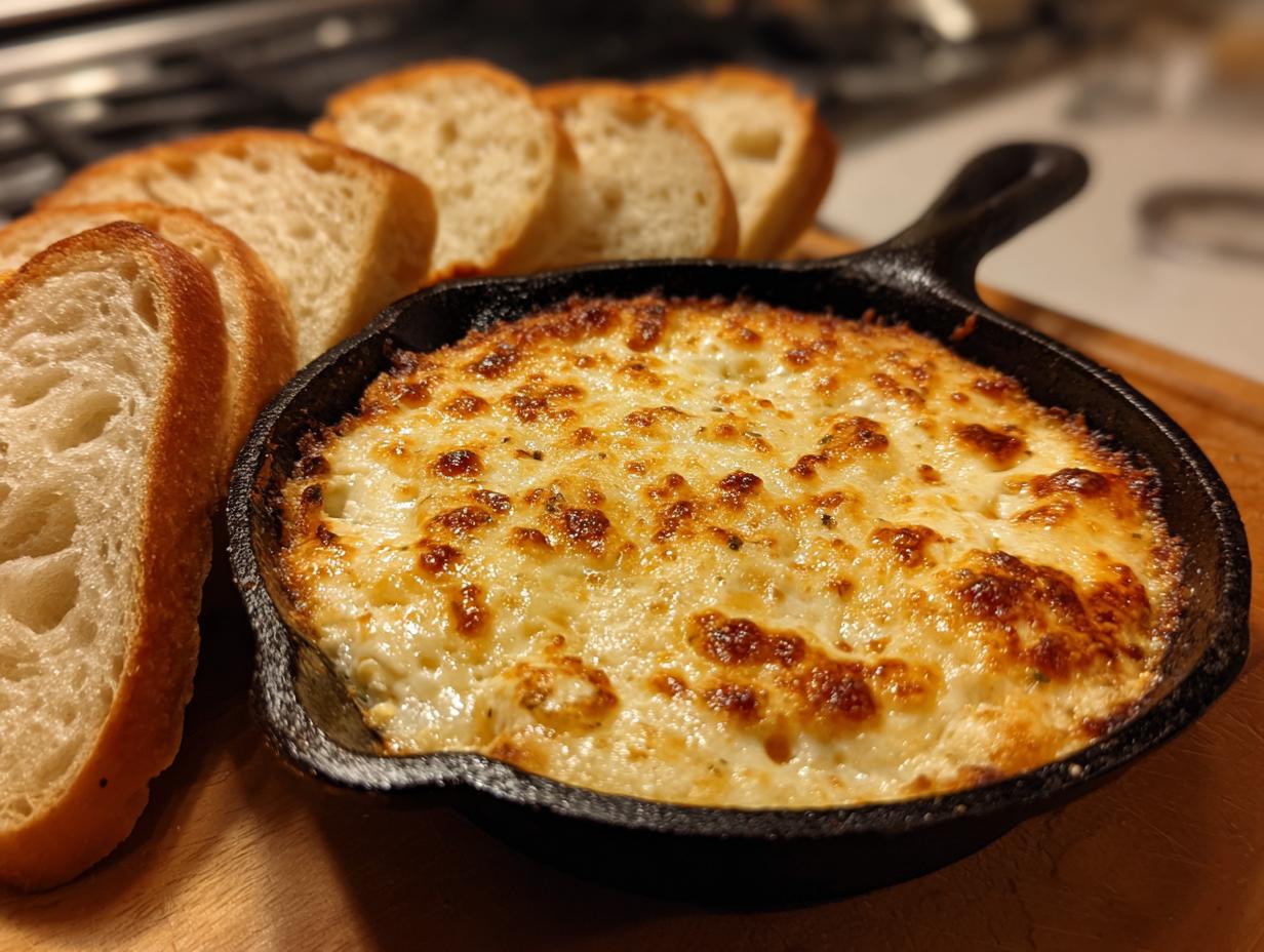 Close-up of a hot, cheesy bread dip bubbling in a small cast iron skillet served with toasted baguette slices.