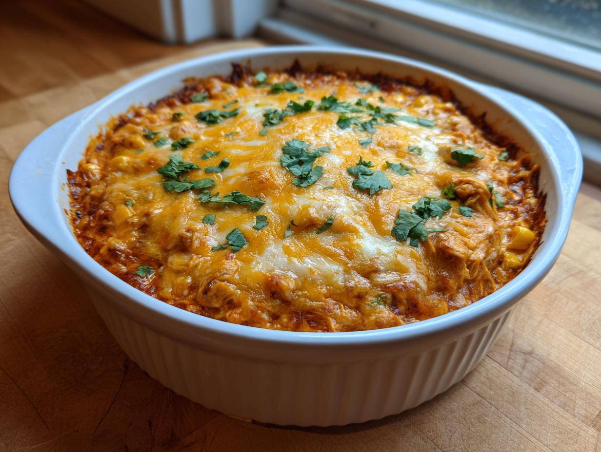 A baked chicken enchilada dip topped with melted cheddar and Monterey Jack cheese and fresh cilantro.