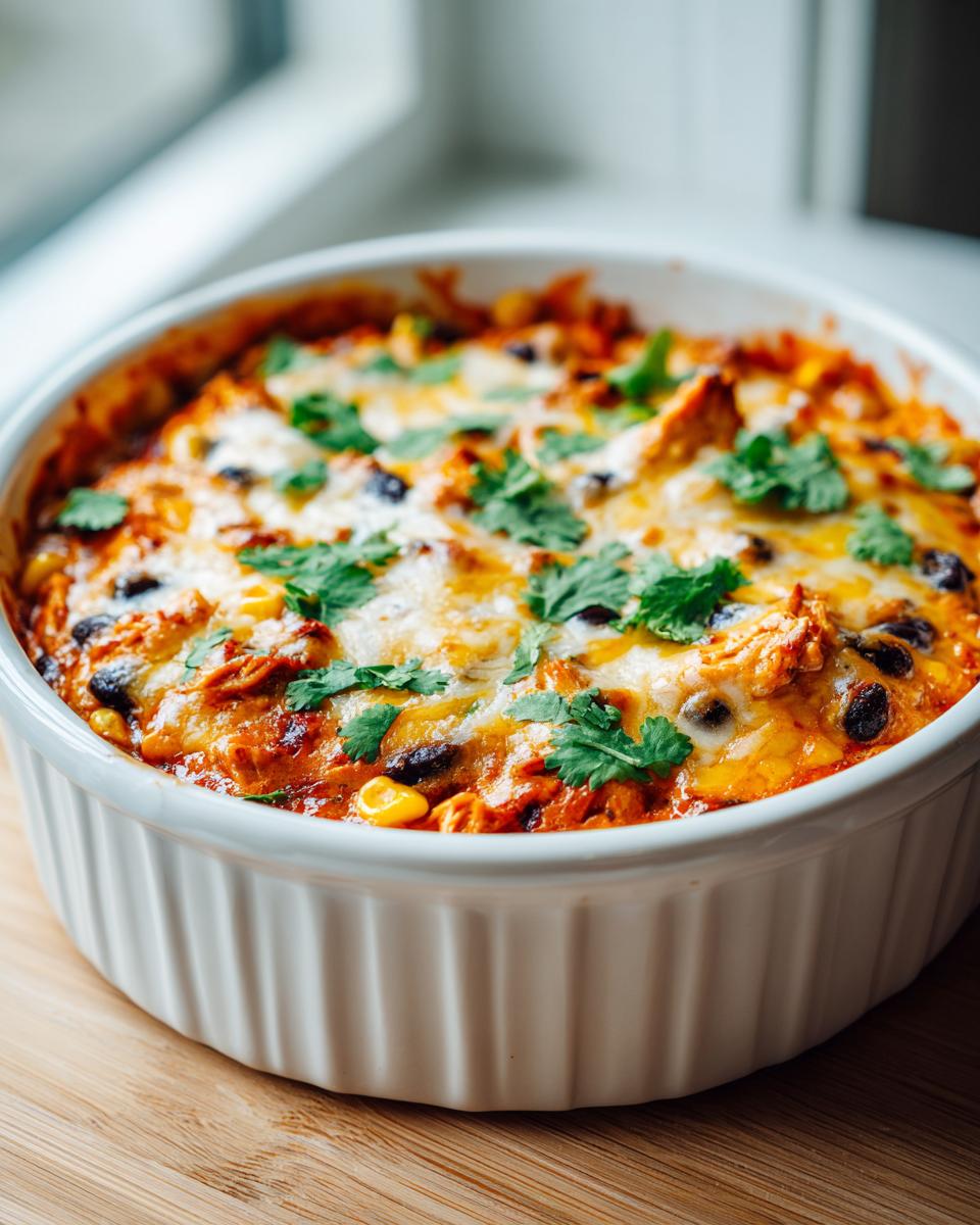 Close-up of hot chicken enchilada dip topped with melted cheese, black beans, corn, and fresh cilantro.