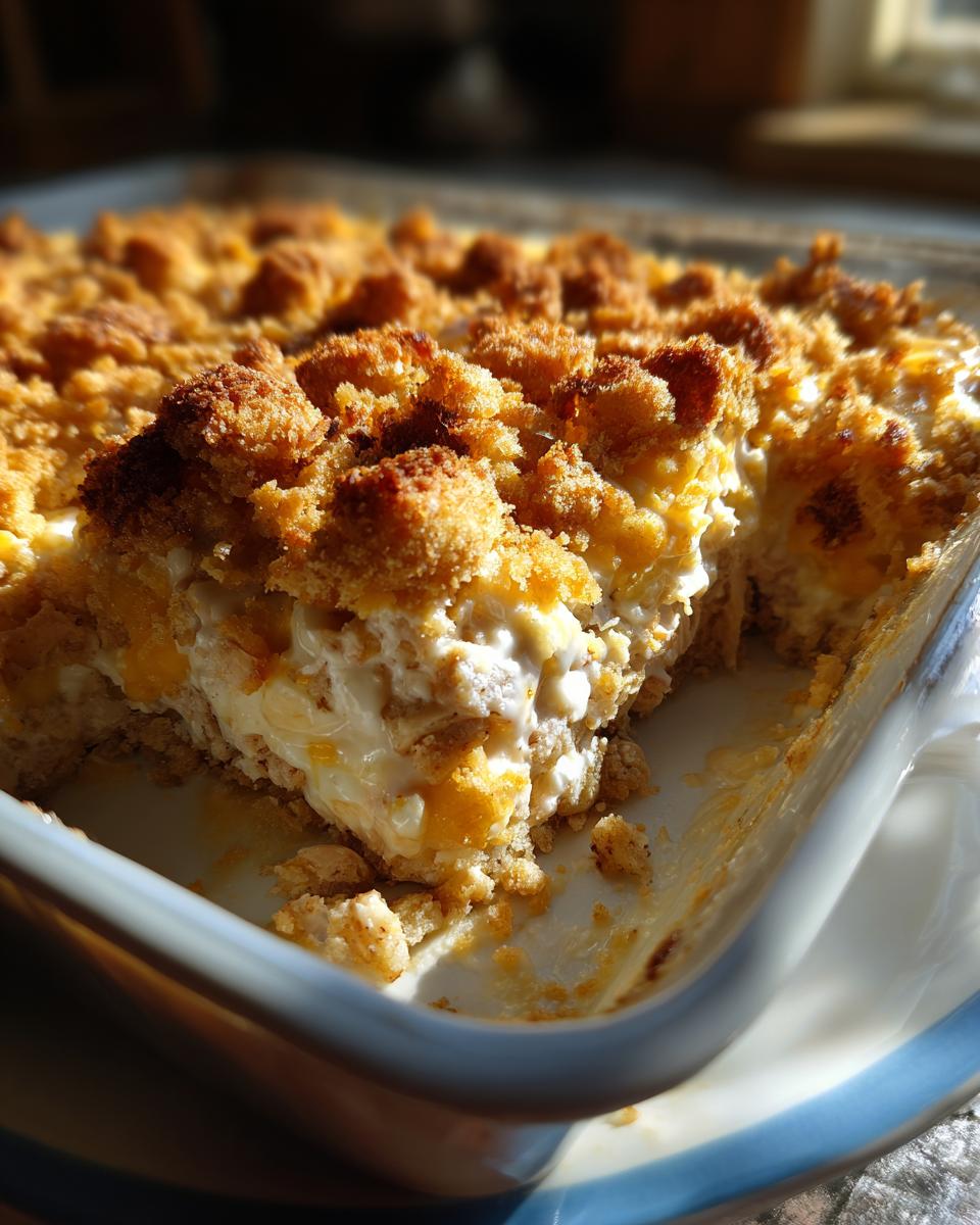 A portion of creamy hot chicken salad casserole with a golden, crunchy topping, served in a white baking dish.