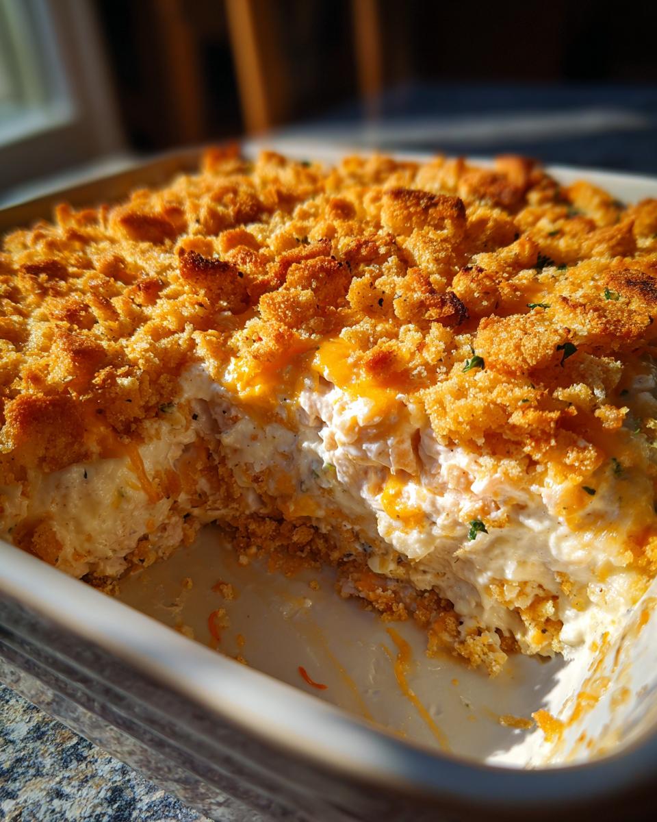 A serving dish filled with creamy hot chicken salad, showing a scoop removed to reveal the creamy interior and golden, crunchy topping.