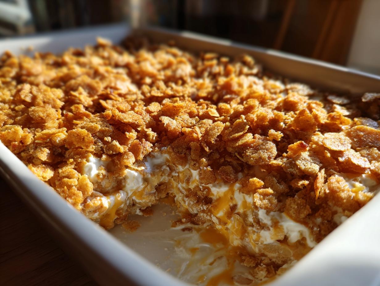 A creamy casserole dish, likely hot chicken salad, topped with a thick, crunchy layer of golden cornflakes.