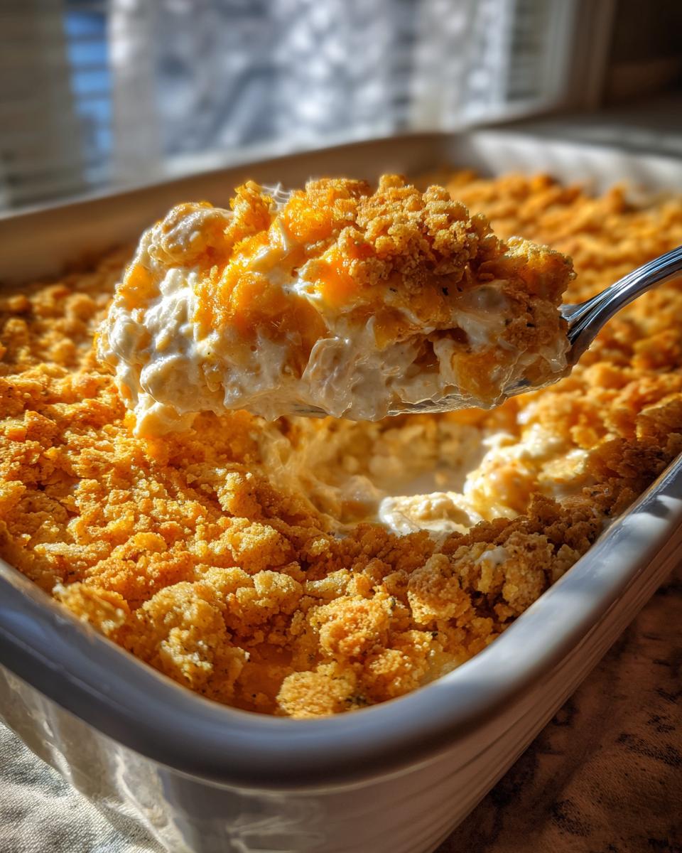 A spoonful of creamy, cheesy hot chicken salad with a crunchy topping being lifted from a white baking dish.