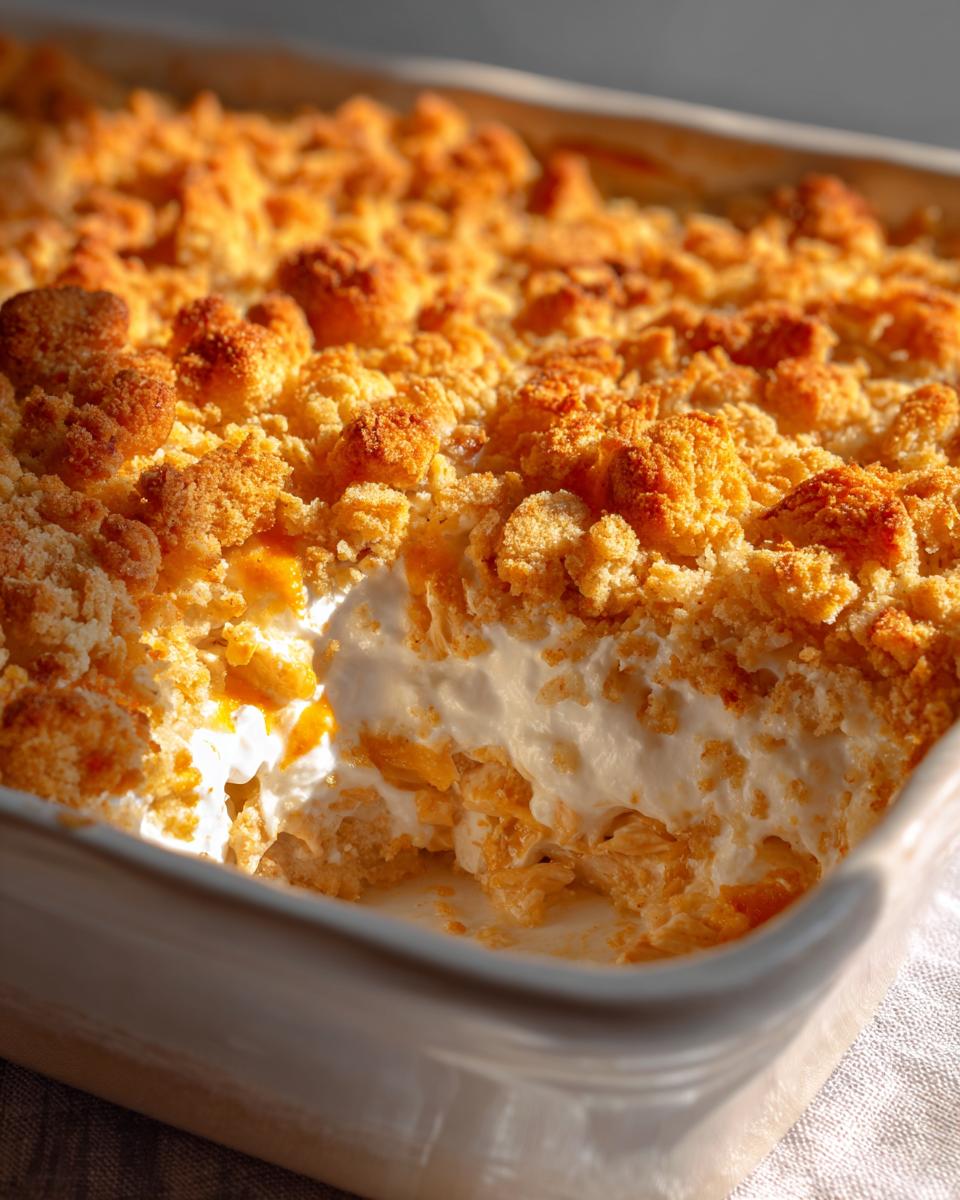 Close-up of a creamy hot chicken salad comfort bake with a crunchy, golden brown crumb topping.