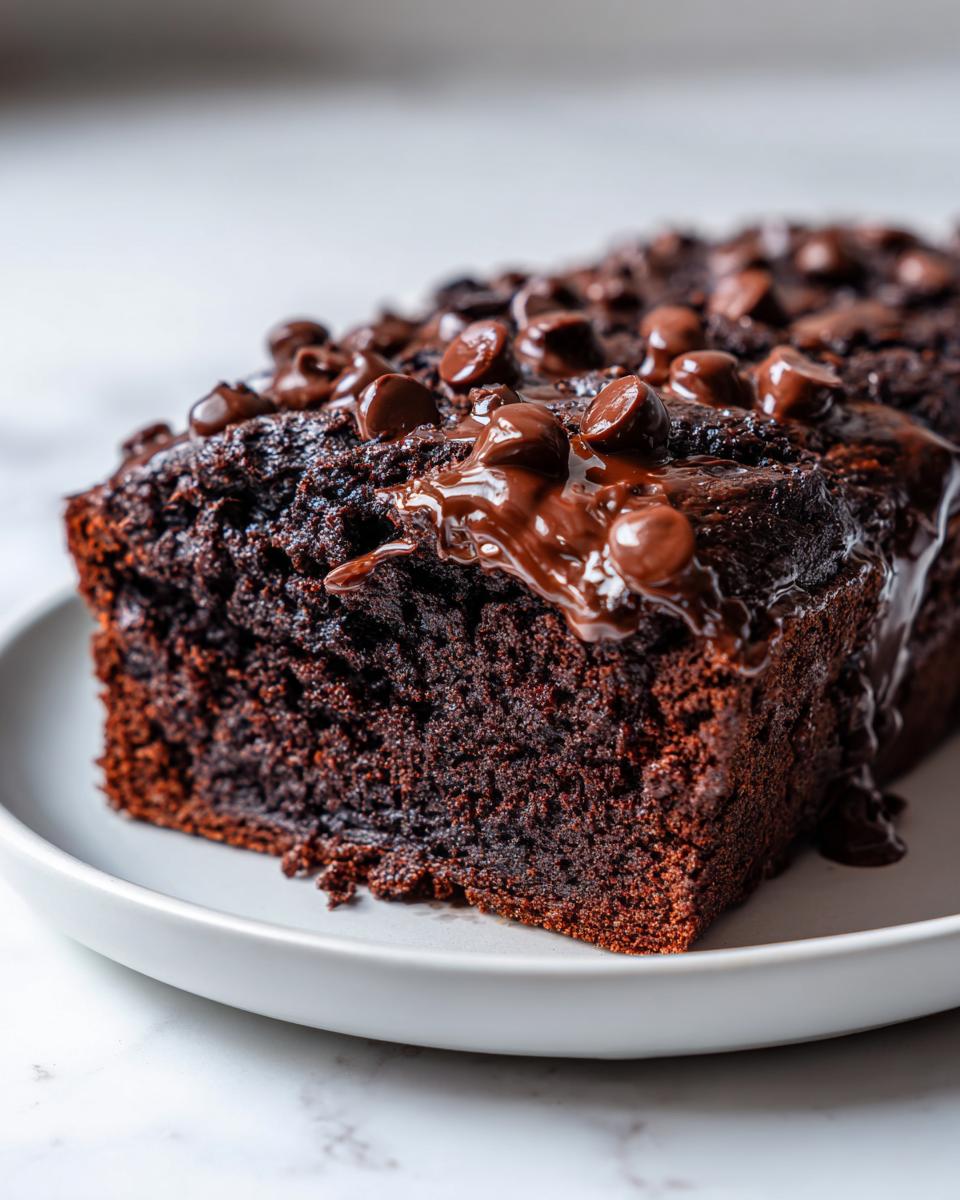 Close-up of a rich, dark hot fudge brownie bread topped with melted chocolate sauce and chocolate chips.