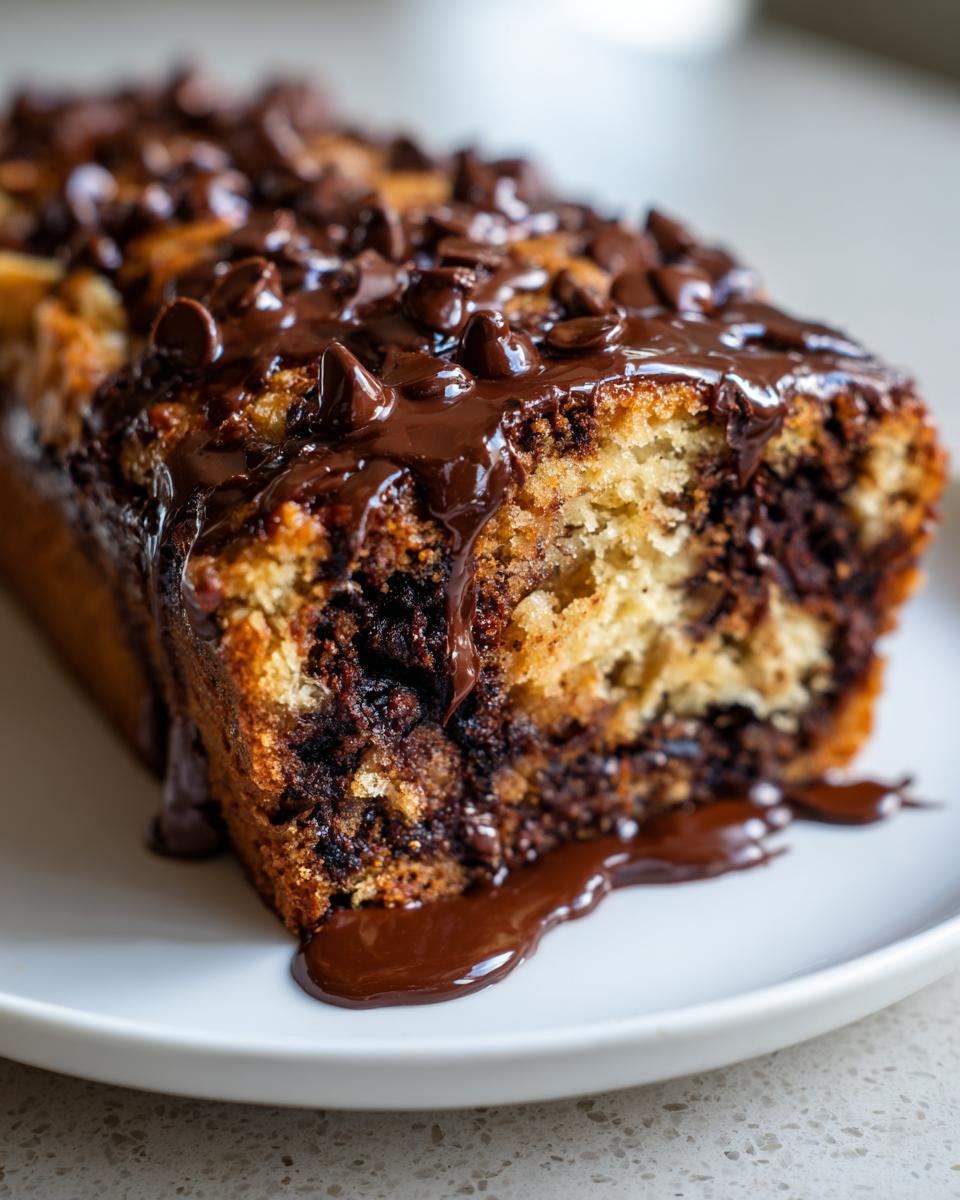 Close-up of a slice of hot fudge brownie bread topped with melted chocolate glaze and chocolate chips.