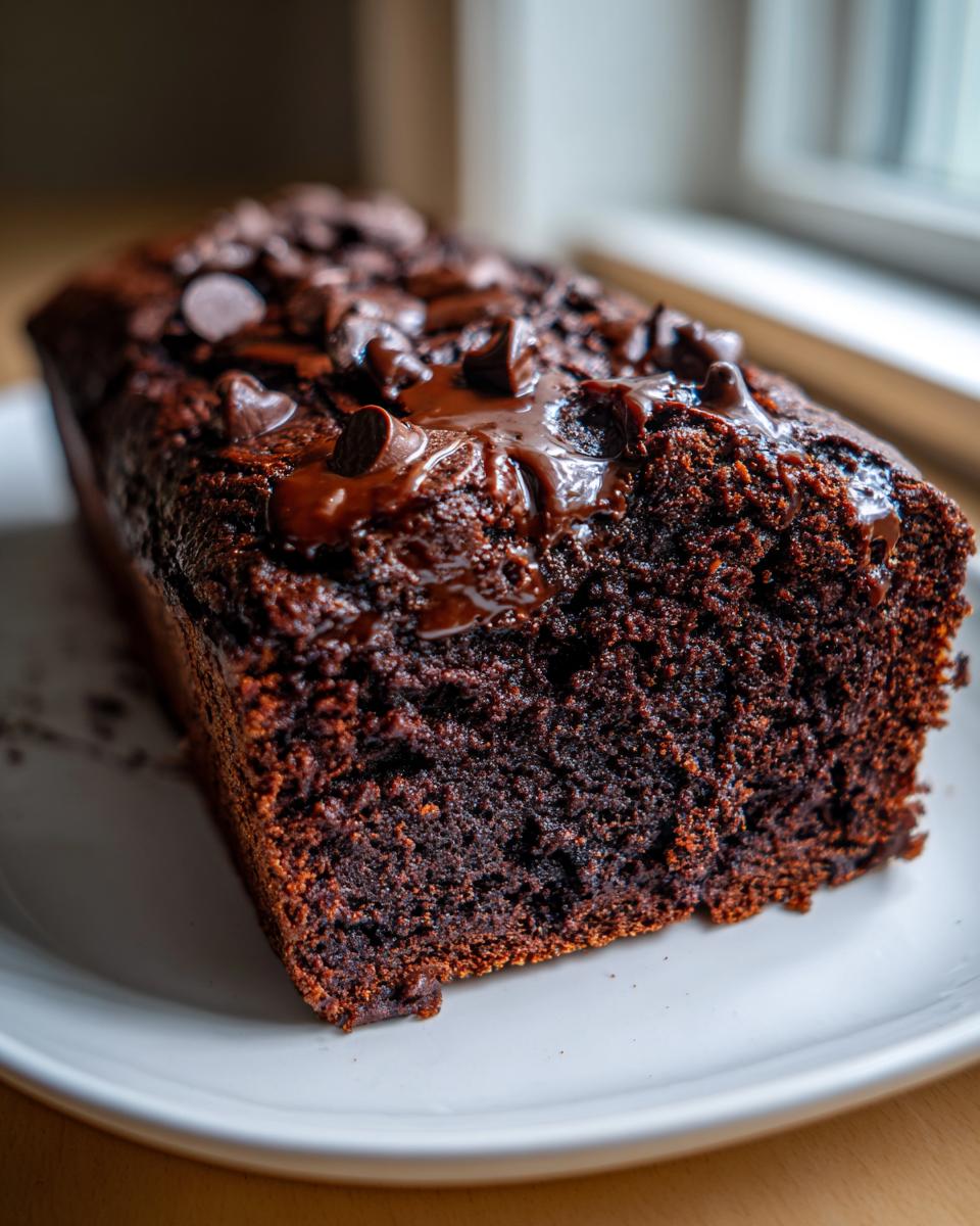 A close-up of a freshly baked hot fudge brownie bread loaf topped with melted chocolate and chocolate chips.