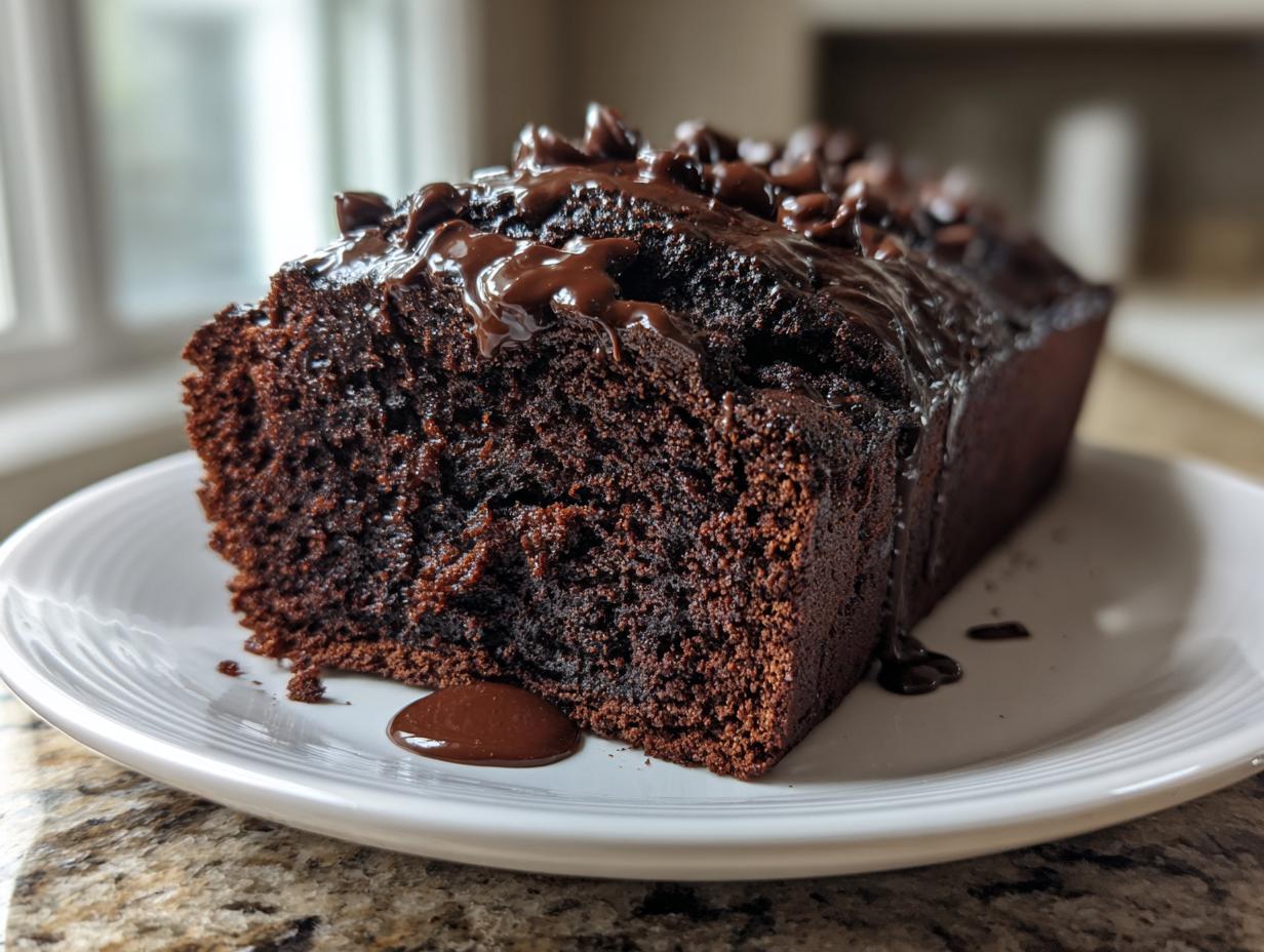 A close-up of a rich, dark chocolate hot fudge brownie bread loaf drizzled with fudge and topped with chocolate chips.