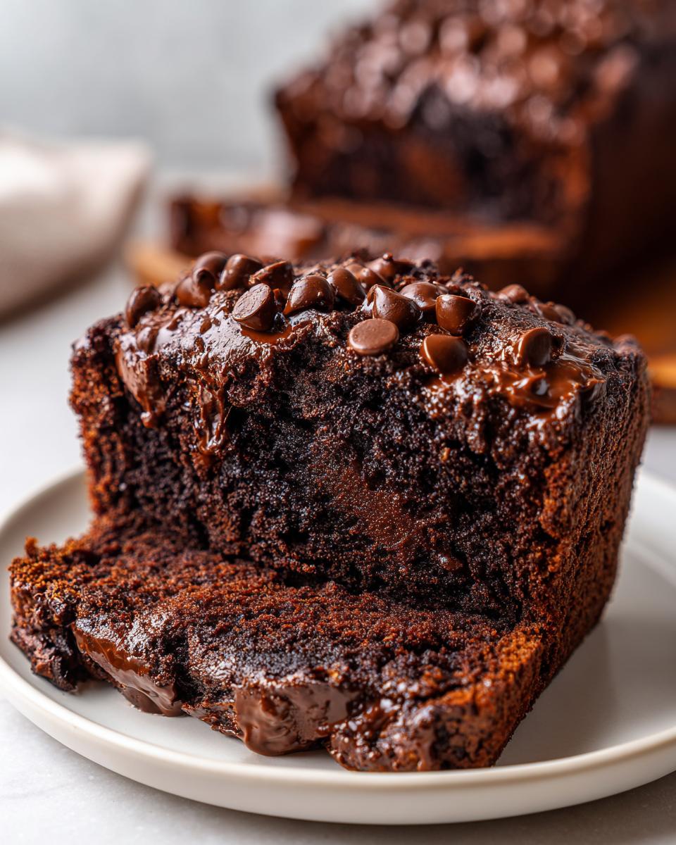 Close-up of a moist slice of hot fudge brownie bread topped with melted fudge and chocolate chips.