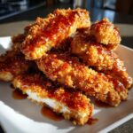 A pile of crispy, breaded hot honey chicken tenders drizzled with glossy sauce, one is cut open showing white meat.