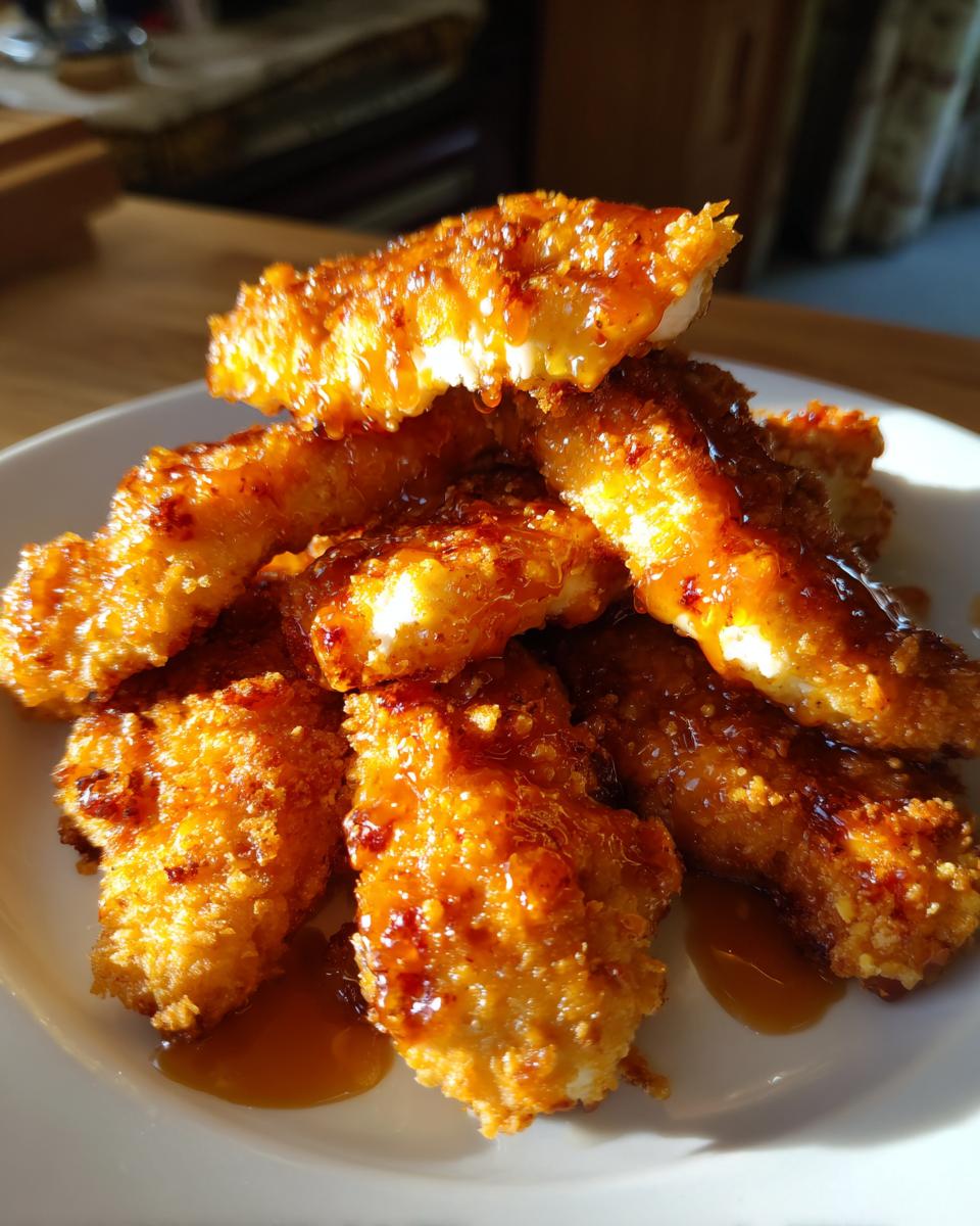 A pile of crispy, golden-brown hot honey chicken tenders generously coated in a glossy, amber glaze.