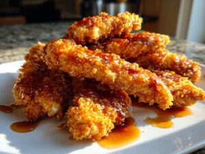 A close-up of crispy, golden hot honey chicken tenders drizzled with sweet and spicy glaze on a white plate.