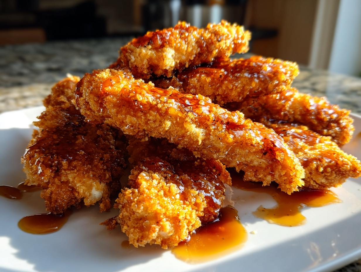 A close-up of crispy, golden hot honey chicken tenders drizzled with sweet and spicy glaze on a white plate.
