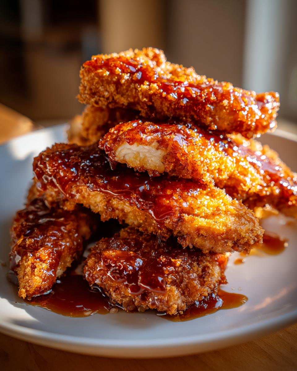 A stack of crispy, golden brown hot honey chicken tenders generously drizzled with a glossy, dark sauce.