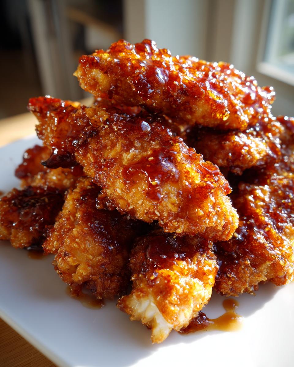 A close-up stack of crispy, golden hot honey chicken tenders generously coated in a shiny, dark glaze.