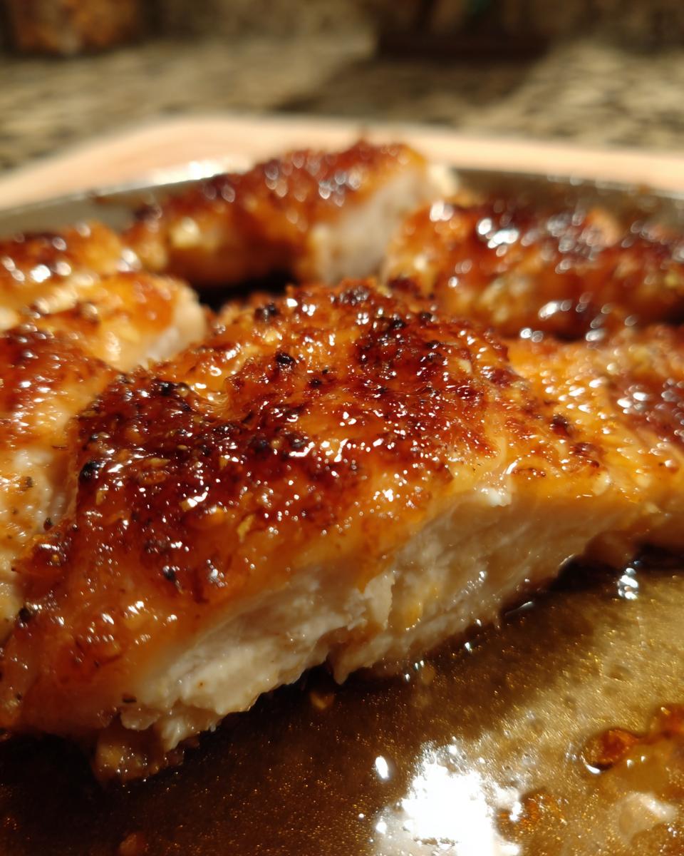 Close-up of juicy, sliced hot honey feta chicken covered in a thick, glossy, caramelized glaze.