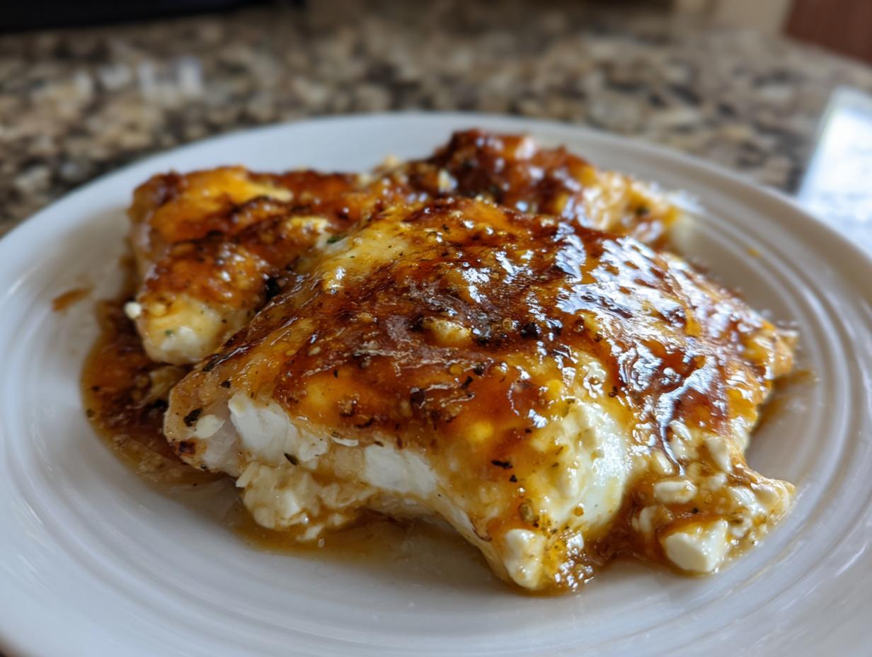 Two pieces of baked hot honey feta chicken covered in a glossy, dark orange glaze and melted feta cheese.