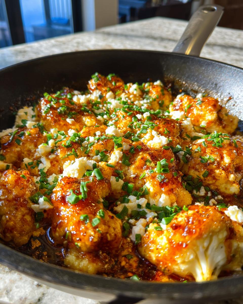 Close-up of pieces of hot honey feta chicken sizzling in a black skillet, topped with crumbled feta and chives.