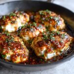 Five pieces of juicy hot honey feta chicken glazed with a dark, sticky sauce and topped with fresh parsley in a cast iron skillet.