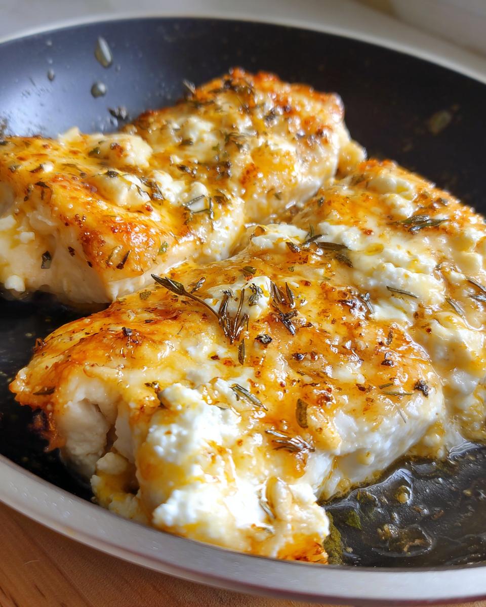 Close-up of two pieces of hot honey feta chicken cooking in a skillet, topped with melted feta and herbs.