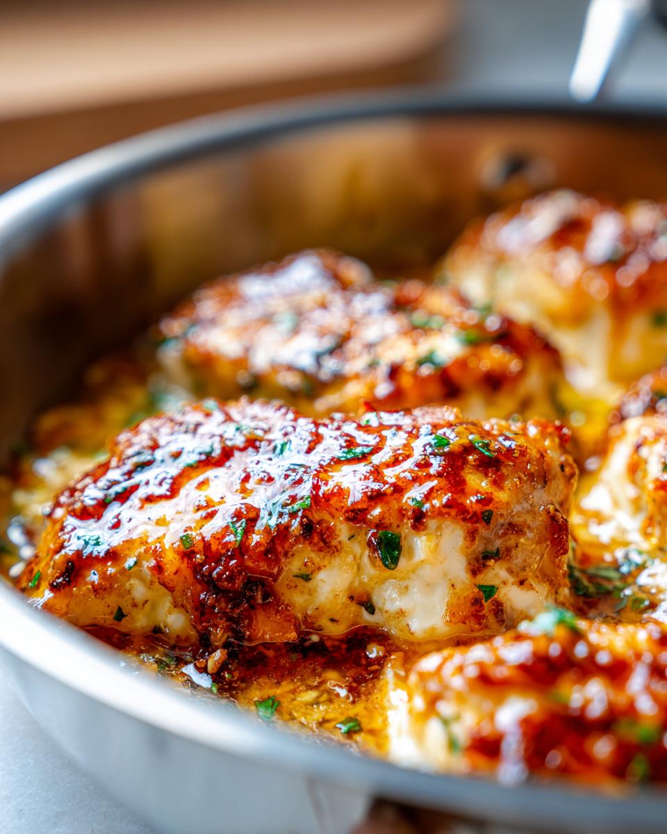 Close-up of seared chicken breasts glazed with a shiny, dark sauce, simmering in a pan with feta cheese and herbs, representing hot honey feta chicken.