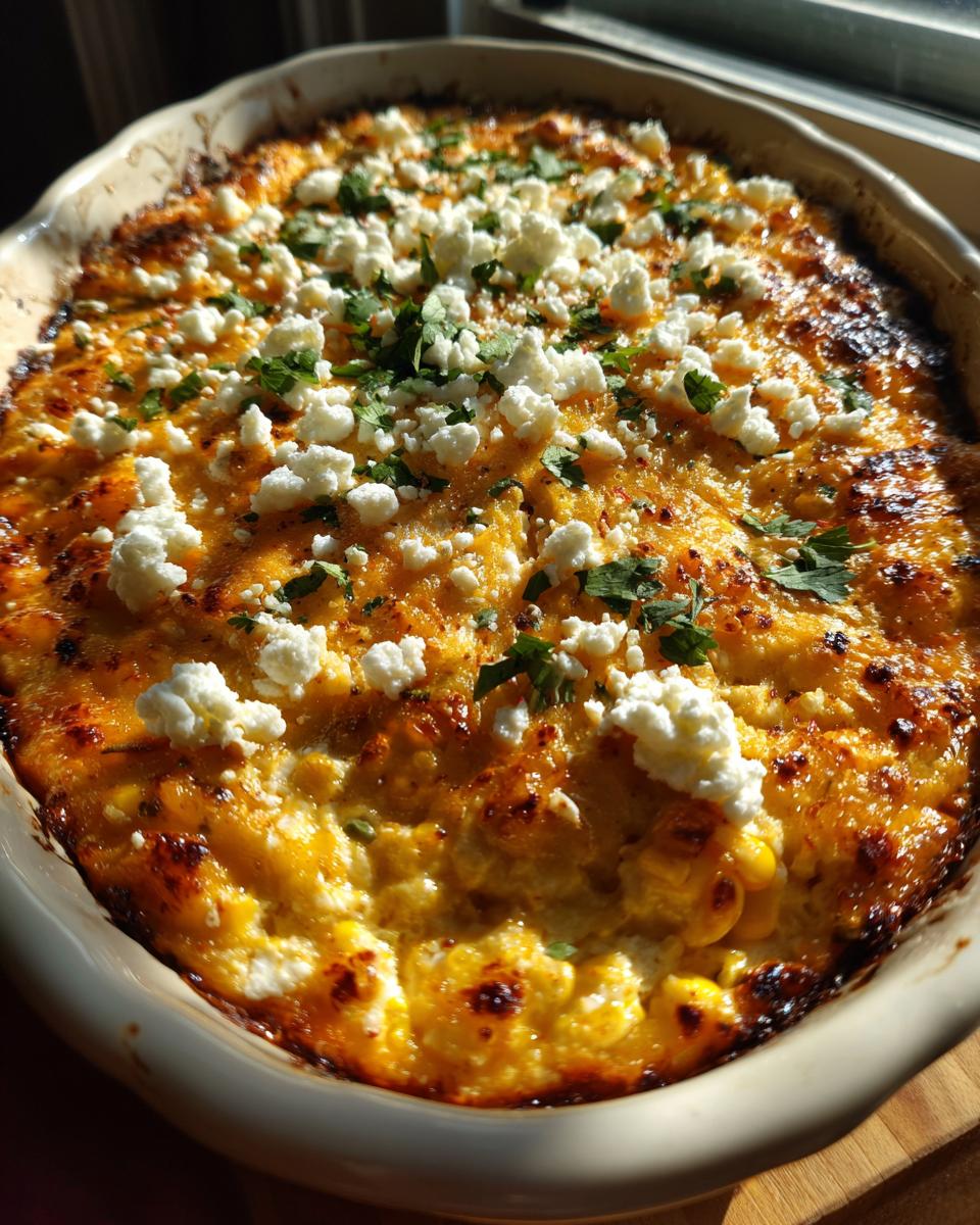 Close-up of a baked mexican street corn dip, golden brown and topped with crumbled white cheese and cilantro.