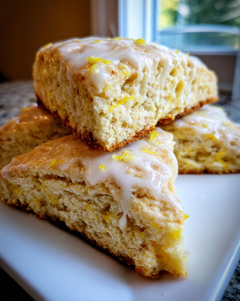 Close-up of several triangular lemon scones stacked, topped with a thick white glaze and bright yellow lemon zest.
