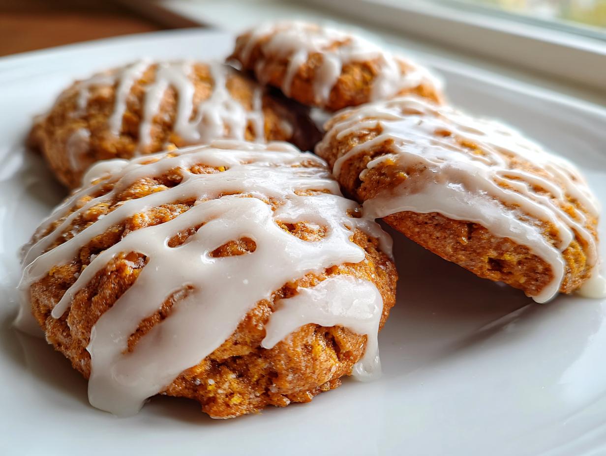 Four freshly baked persimmon cookies drizzled generously with white vanilla icing, resting on a white serving plate.