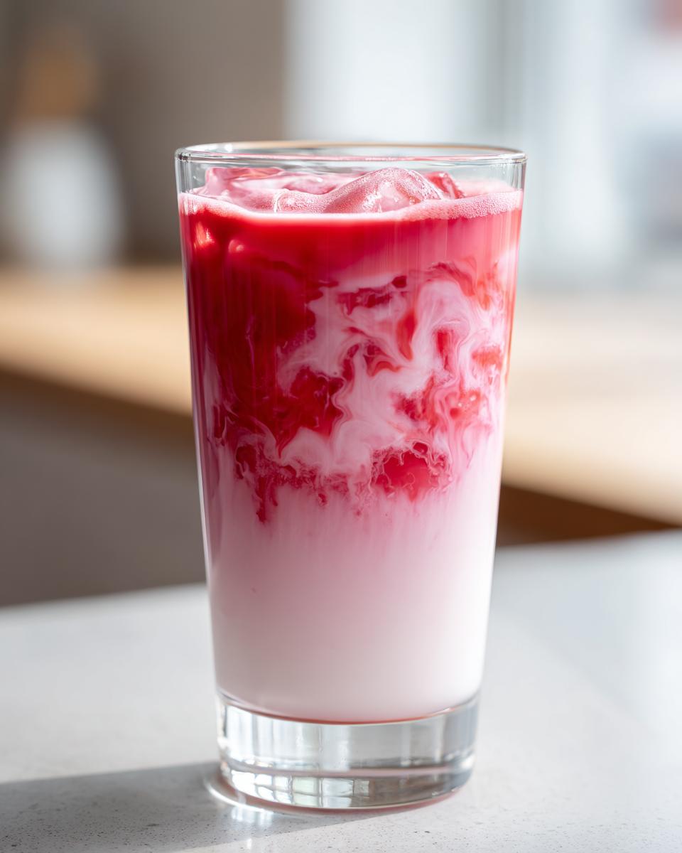 A tall glass of iced strawberry milk showing vibrant red syrup swirling into white milk.