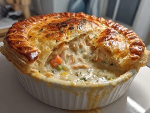 Close-up of a golden, flaky crust broken open to reveal creamy filling in a single-serving turkey pot pie.