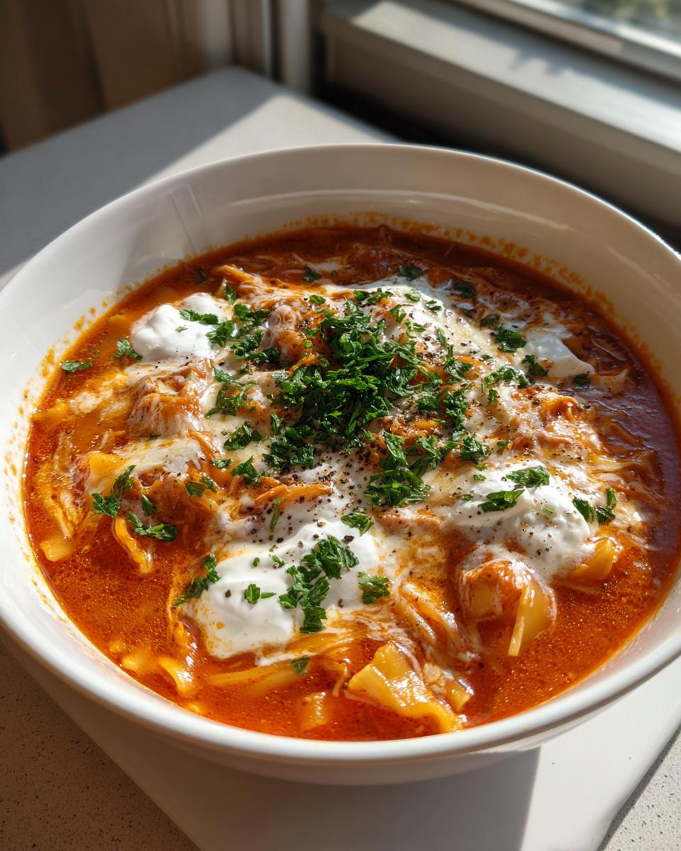 Close-up of a bowl of rich, red instant pot lasagna soup topped with dollops of white cream, melted cheese, and fresh parsley.