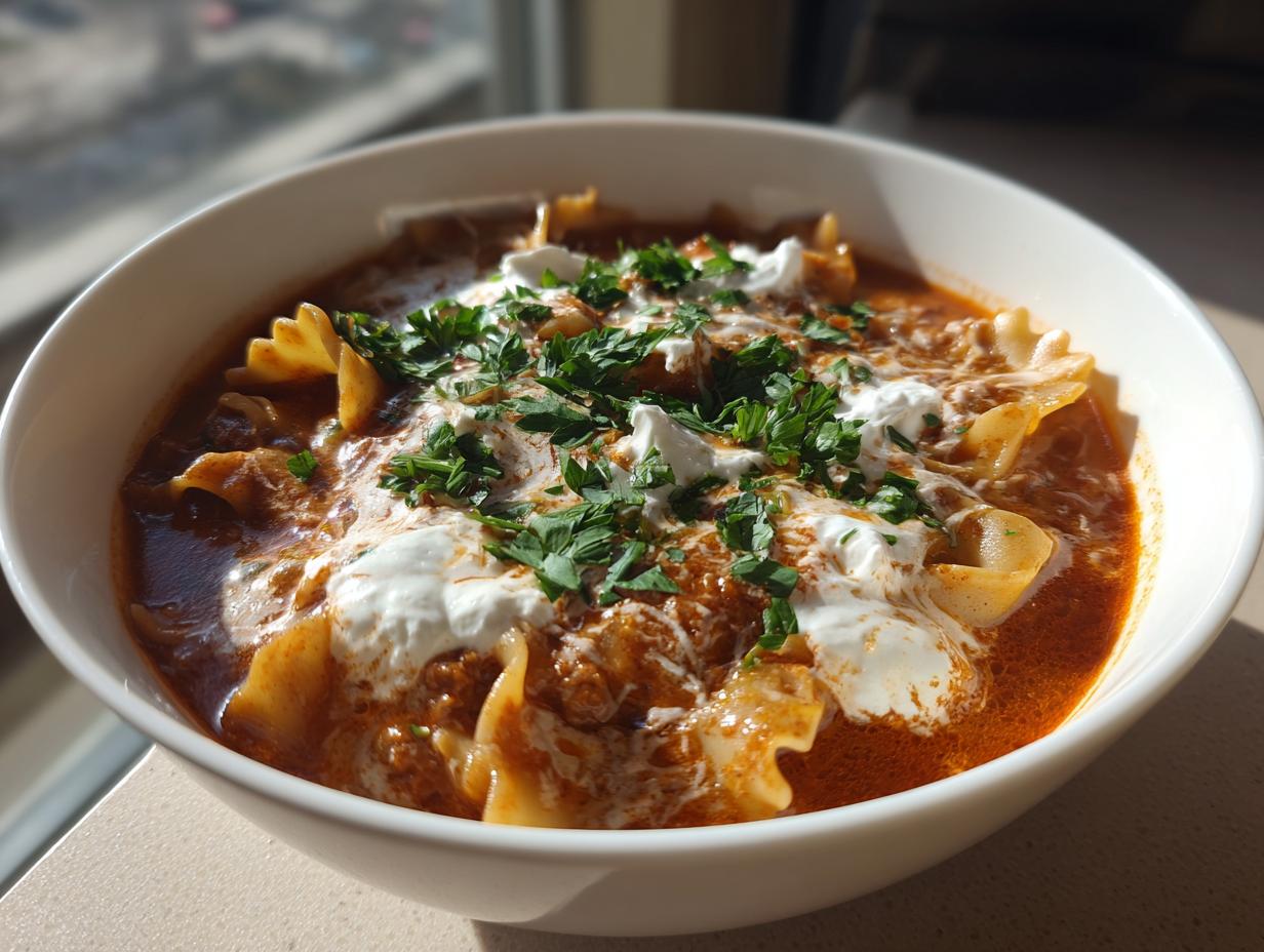 A close-up of a bowl of rich, red instant pot lasagna soup topped with dollops of white cream and fresh chopped parsley.