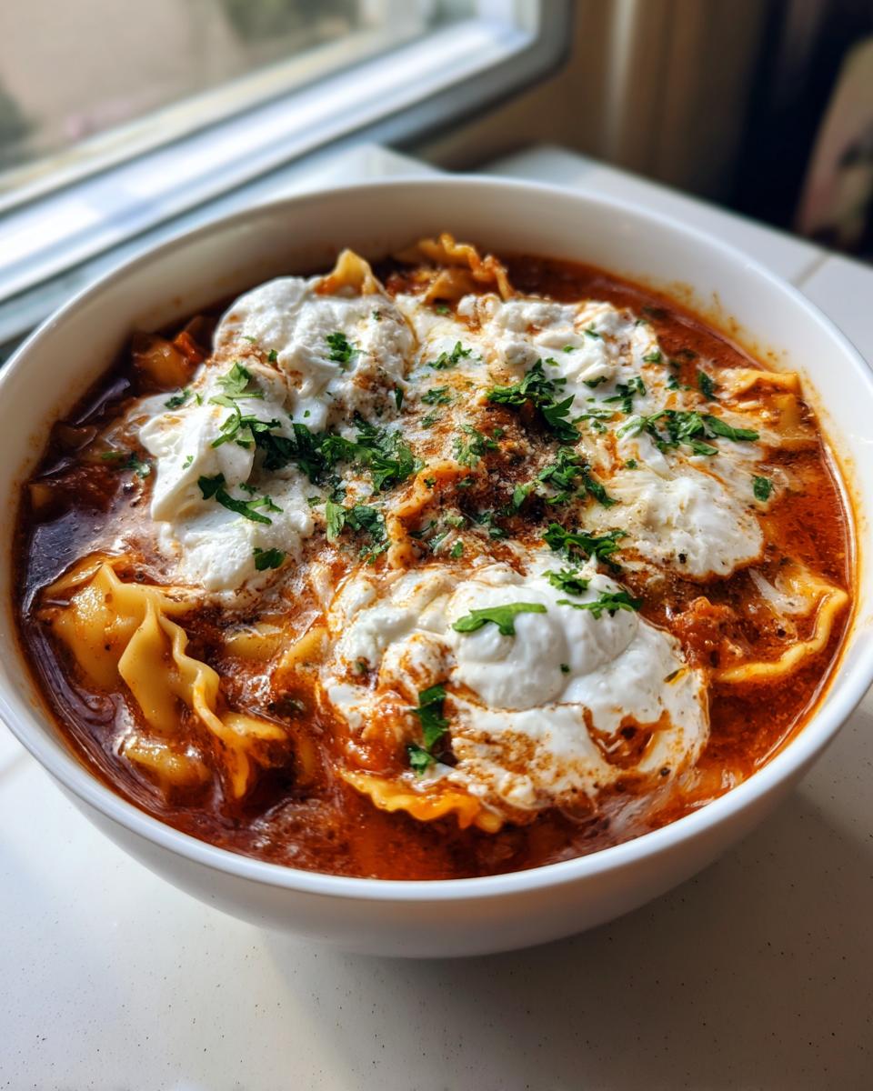 A close-up of a bowl of rich, red instant pot lasagna soup topped with dollops of white ricotta cheese and fresh parsley.