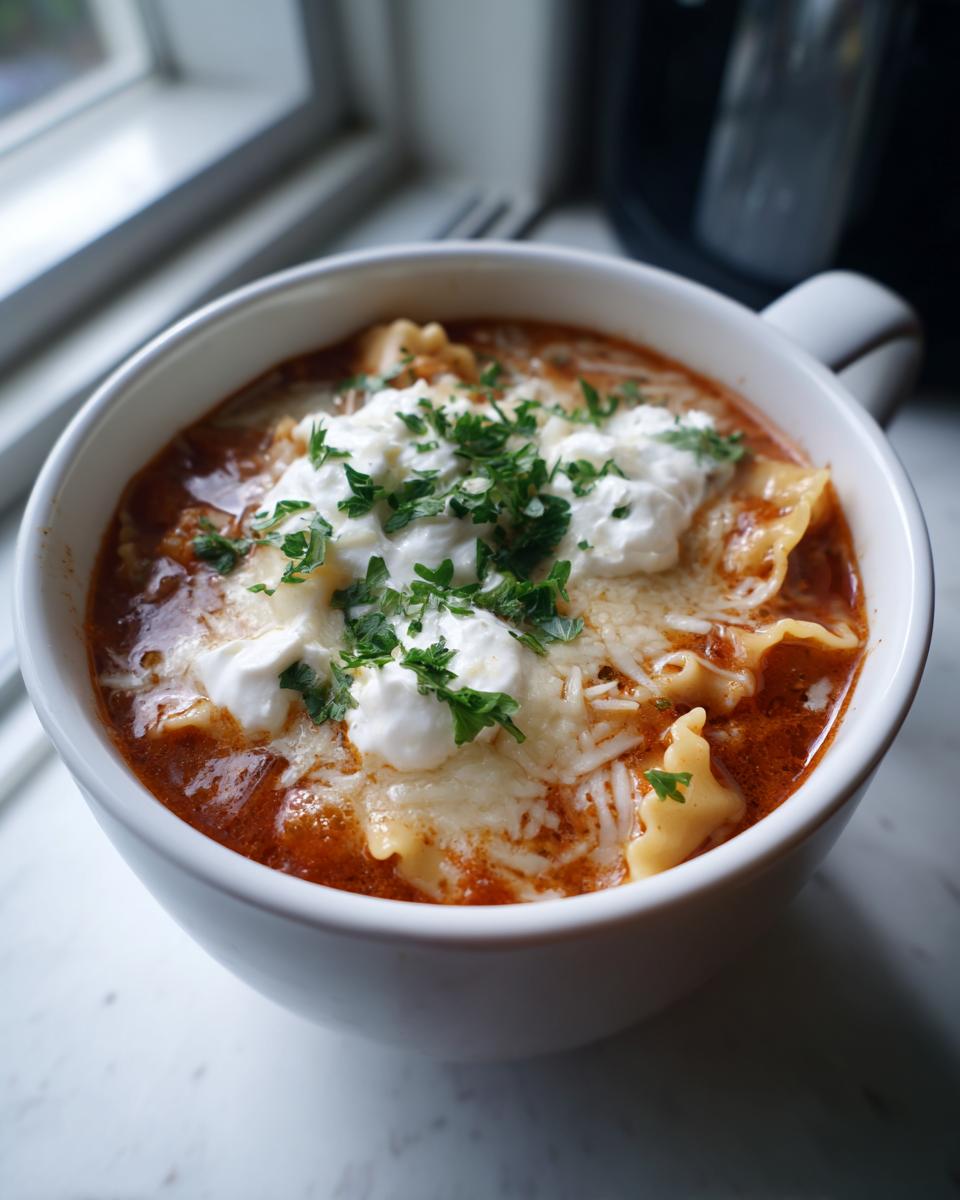 A white bowl filled with rich, tomato-based instant pot lasagna soup, topped with dollops of ricotta, shredded cheese, and fresh parsley.