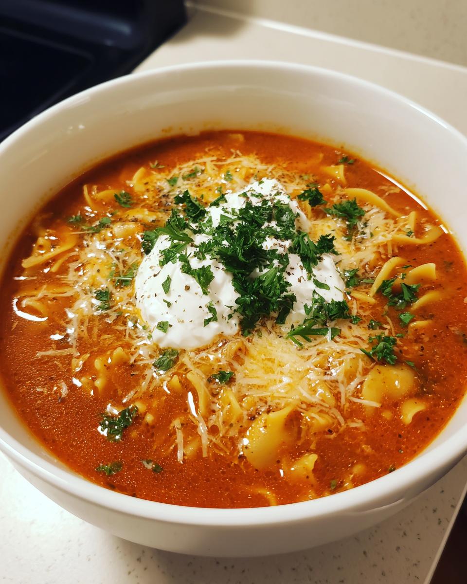 Close-up of a white bowl filled with rich, red instant pot lasagna soup, topped with ricotta, parmesan, and fresh parsley.