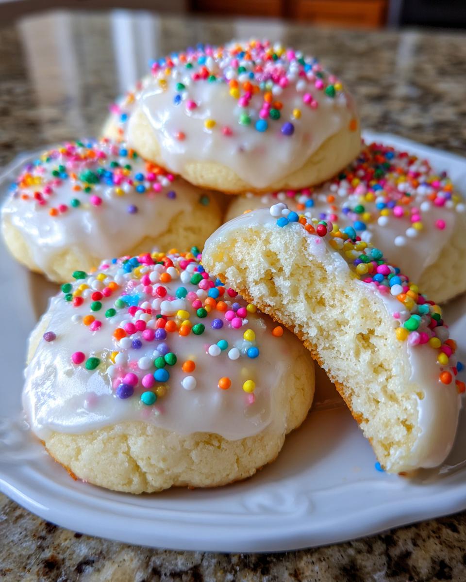 A stack of soft Italian ricotta cookies topped with white glaze and colorful sprinkles, one cookie broken open.