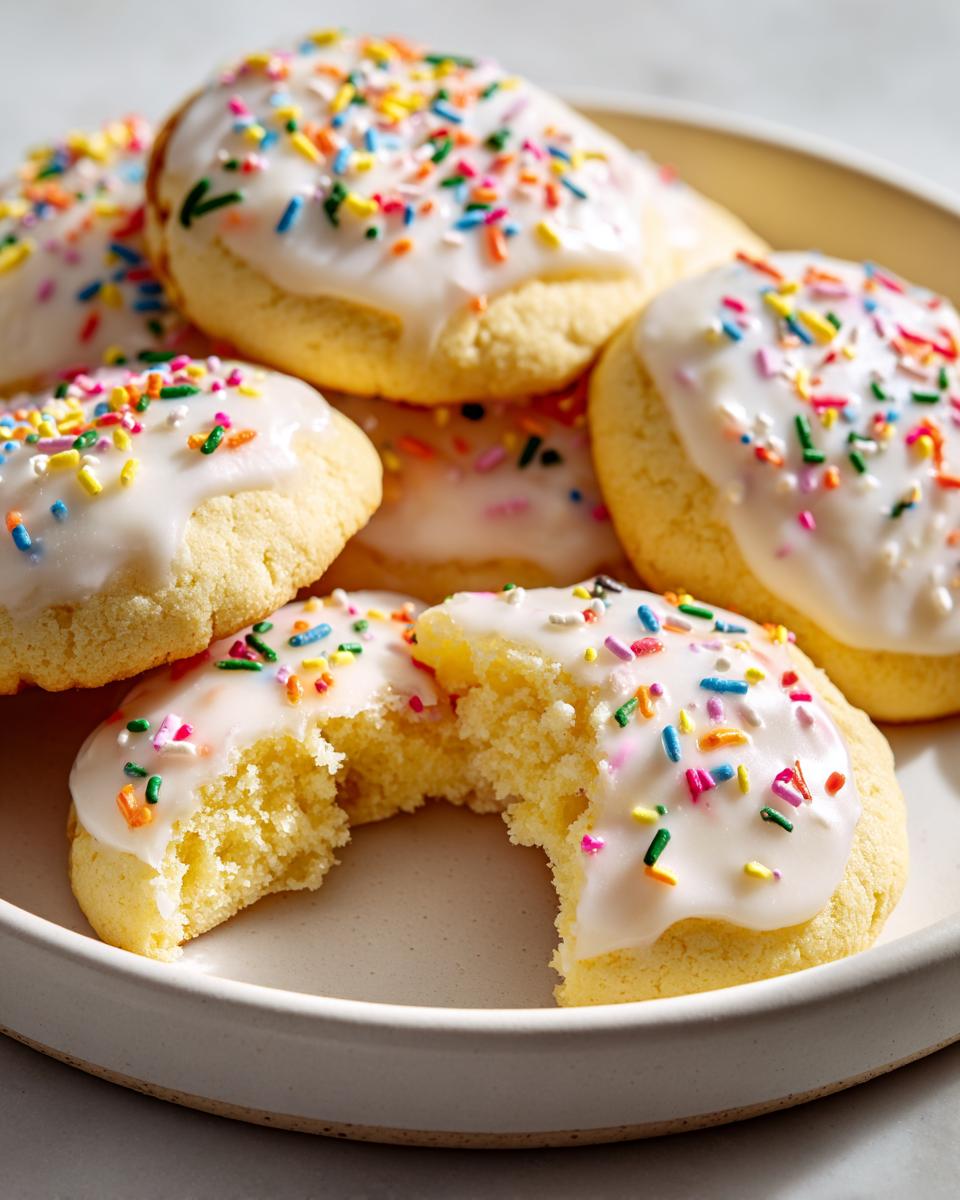 Close-up of soft Italian ricotta cookies topped with white glaze and rainbow sprinkles, one cookie is bitten.