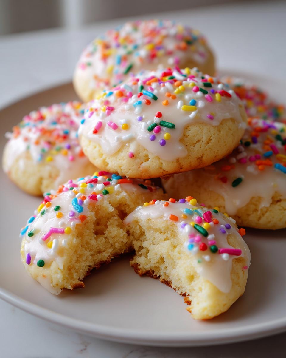 A plate of soft Italian ricotta cookies topped with white glaze and colorful rainbow sprinkles, one cookie is broken open.