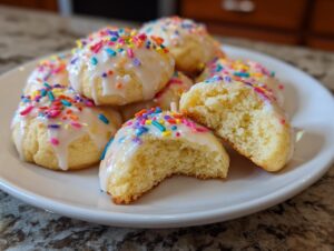 A plate of soft Italian ricotta cookies topped with white glaze and colorful rainbow sprinkles, one cookie is broken open.