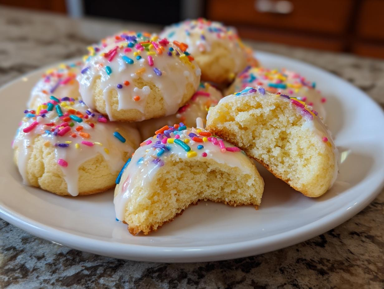A plate of soft Italian ricotta cookies topped with white glaze and colorful rainbow sprinkles, one cookie is broken open.