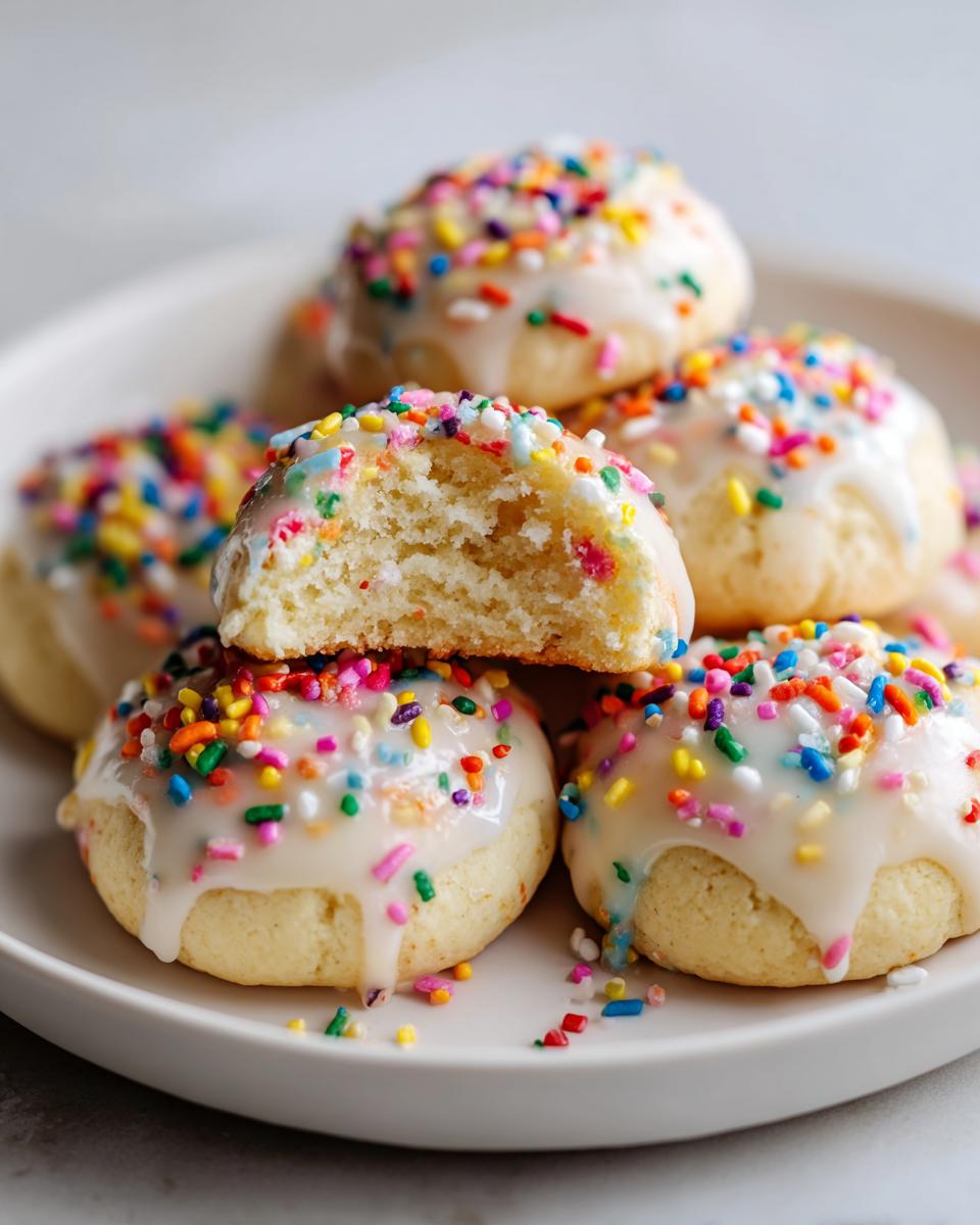A stack of soft Italian ricotta cookies topped with white glaze and colorful rainbow sprinkles, one cookie is broken open.