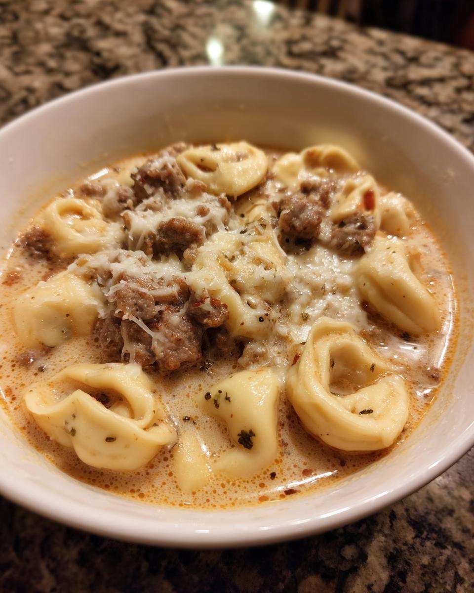 A close-up view of a bowl of creamy italian sausage tortellini soup topped with melted cheese and herbs.