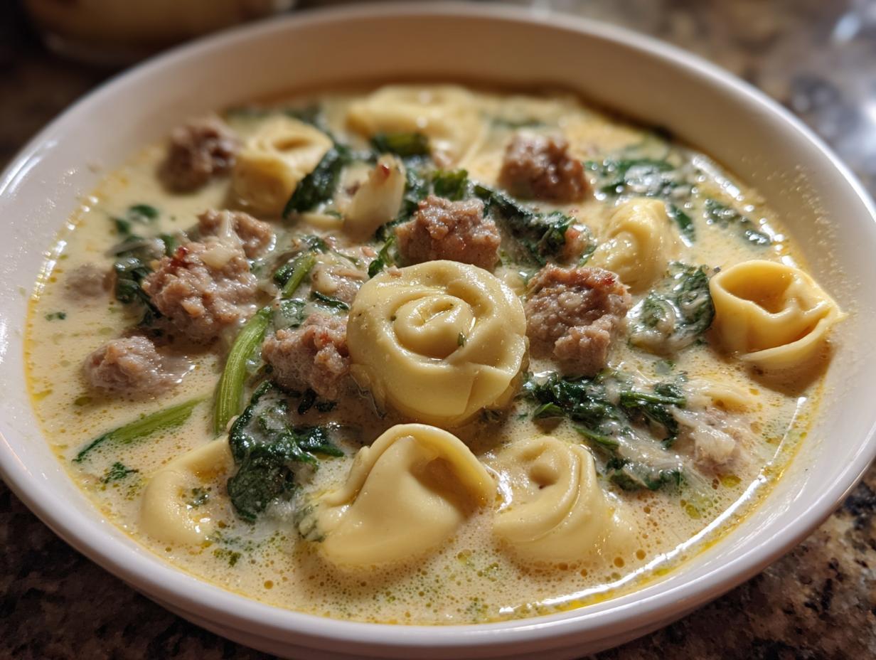 Close-up of a bowl of creamy italian sausage tortellini soup with spinach and chunks of sausage.