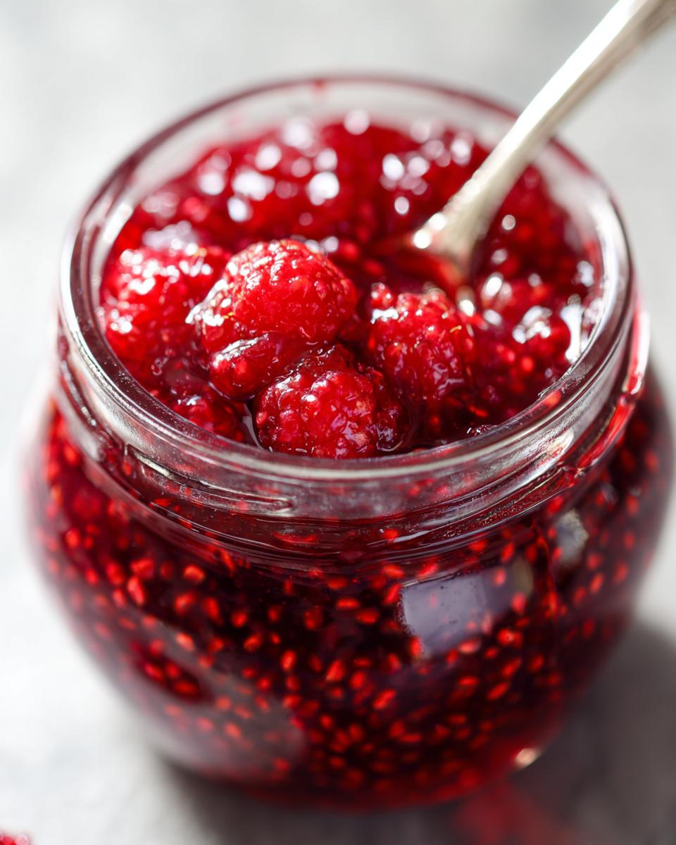 Close-up of a glass jar filled with chunky, bright red raspberry jam, featuring whole berries and a spoon resting inside.