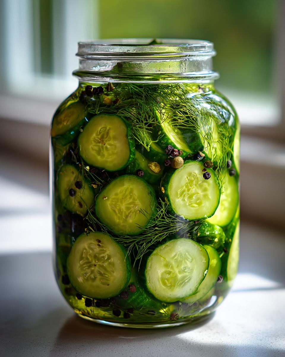 Close-up of sliced cucumbers and fresh dill inside a jar making refrigerator pickles, seasoned with peppercorns.
